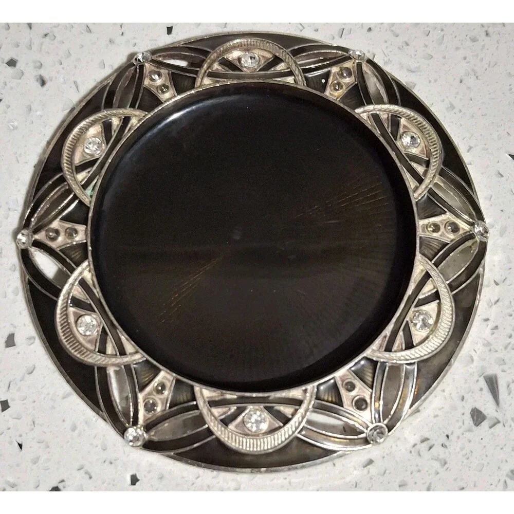 Wine Champagne Coaster Black Sliver Tone Metal Art Deco Enamel Crystal Accents
